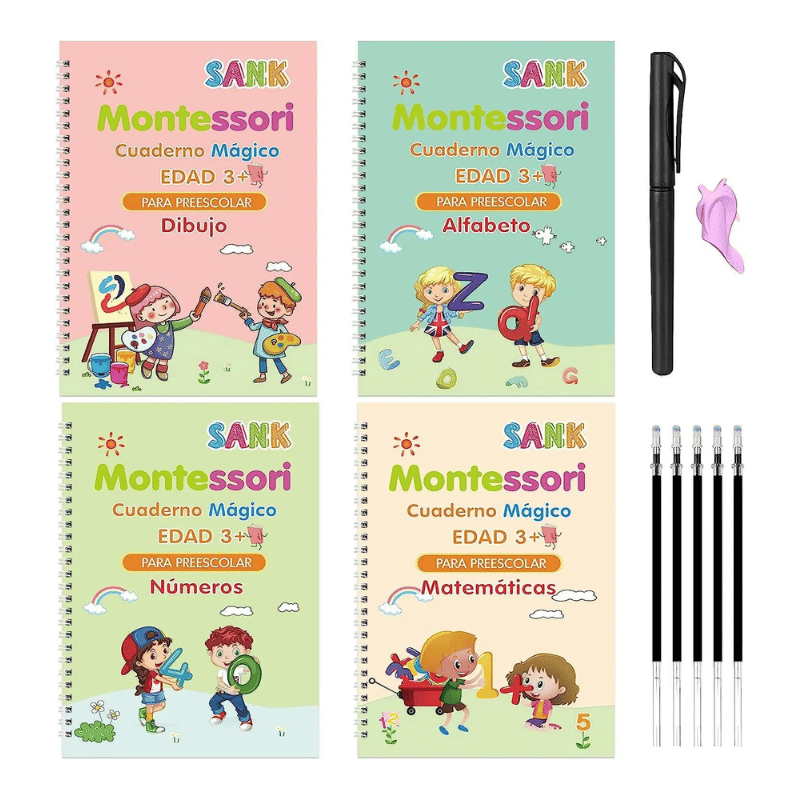 Cuadernos Mágicos - Libros de caligrafía repetibles con tinta de autoborrado, pack de 4