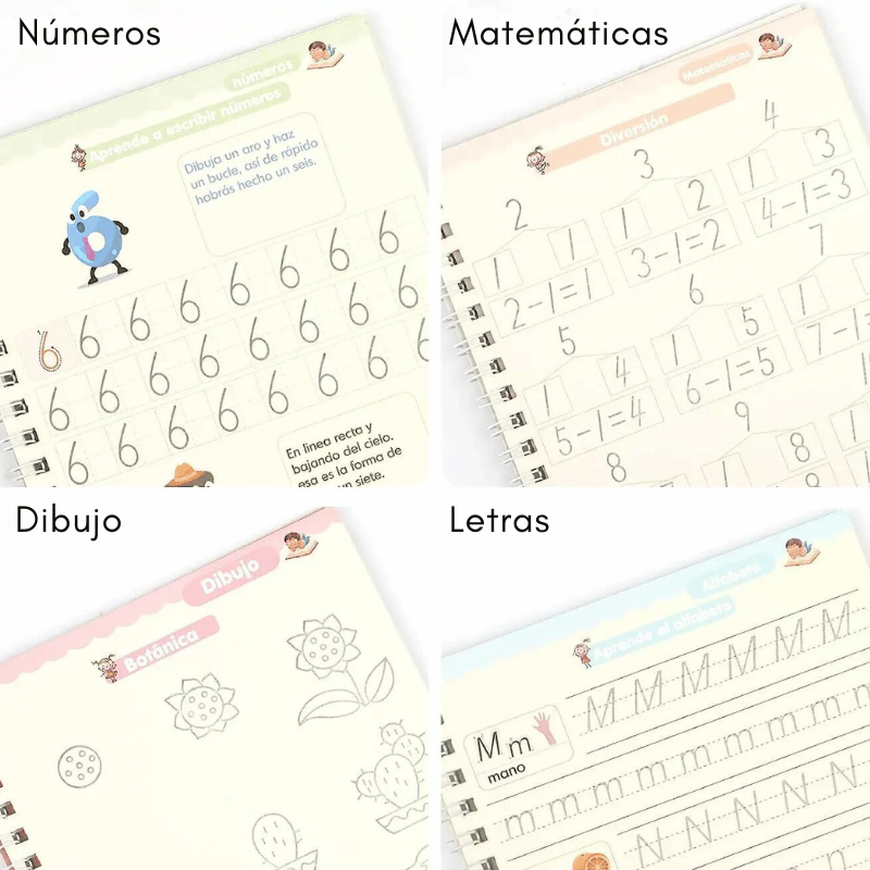 Cuadernos Mágicos - Libros de caligrafía repetibles con tinta de autoborrado, pack de 4