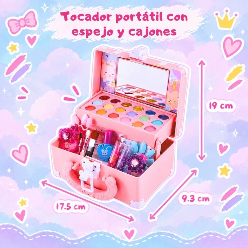 Tocador de Maquillaje Todo en 1 - Con espejo, cajones y cosméticos reales seguros para niños