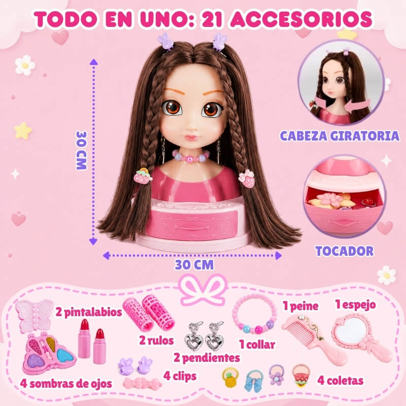 Dolly Blink - Muñeca a tamaño real para maquillar y peinar con tocador, pelo realista y 21 accesorios