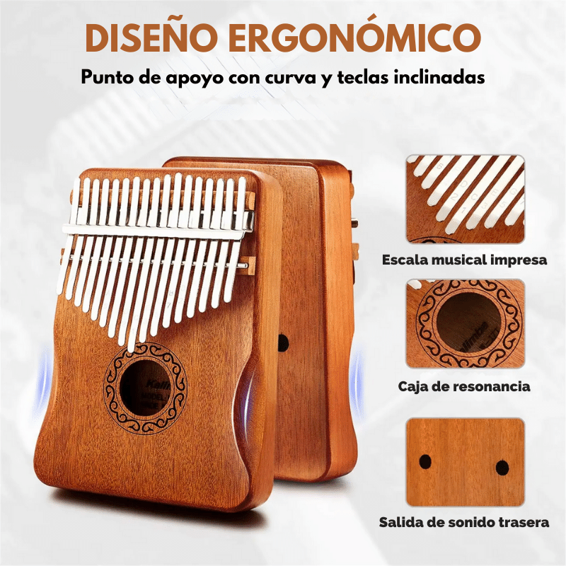 Kalimba - Piano de pulgar con 21 teclas, de madera de caoba | Kit completo con martillo afinador, dedales, guía con partituras y bolsa