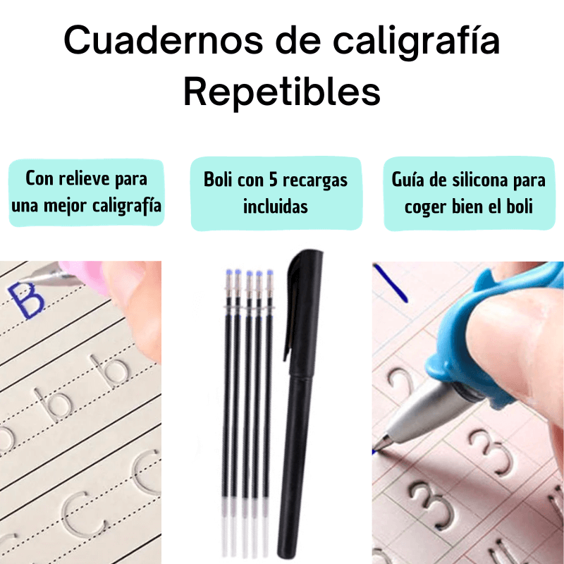 Cuadernos Mágicos - Libros de caligrafía repetibles con tinta de autoborrado, pack de 4