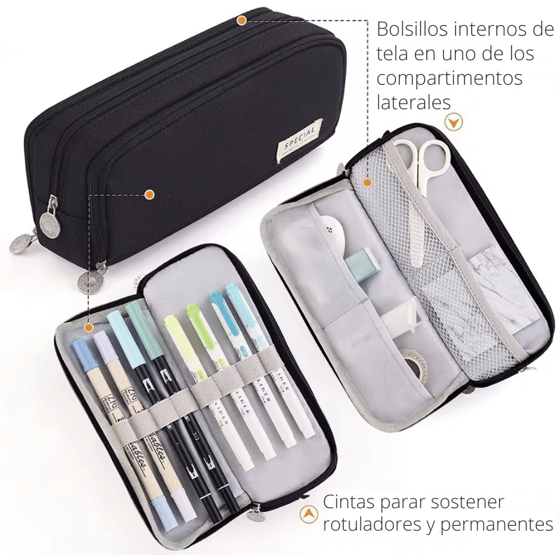 Estuche de tela con compartimentos, en 3 colores