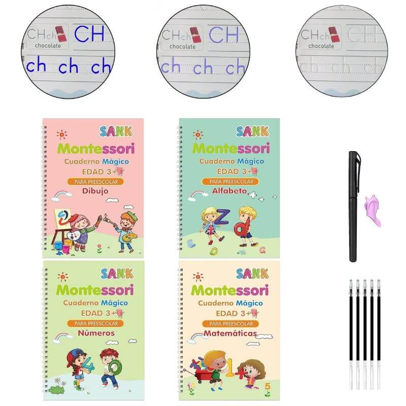 Cuadernos Mágicos - Libros de caligrafía repetibles con tinta de autoborrado, pack de 4