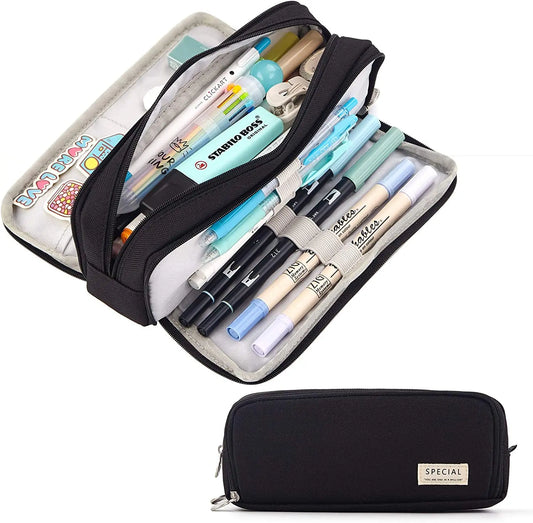 Fabric pencil case with compartments, in 5 colours