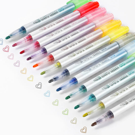 Glossy Markers - Pack of 12 Coloured Markers with Outlines and Filling with Glossy Effect