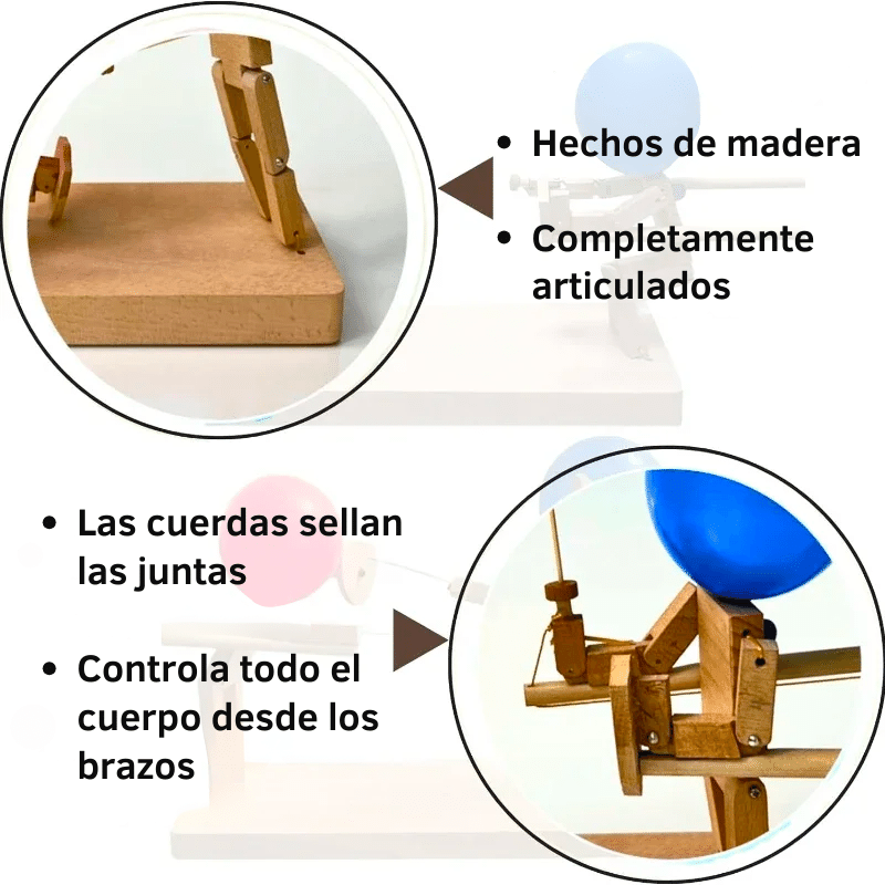 Esgrima 1 contra 1 - Muñecos espadachines de madera articulados, con 100 globos