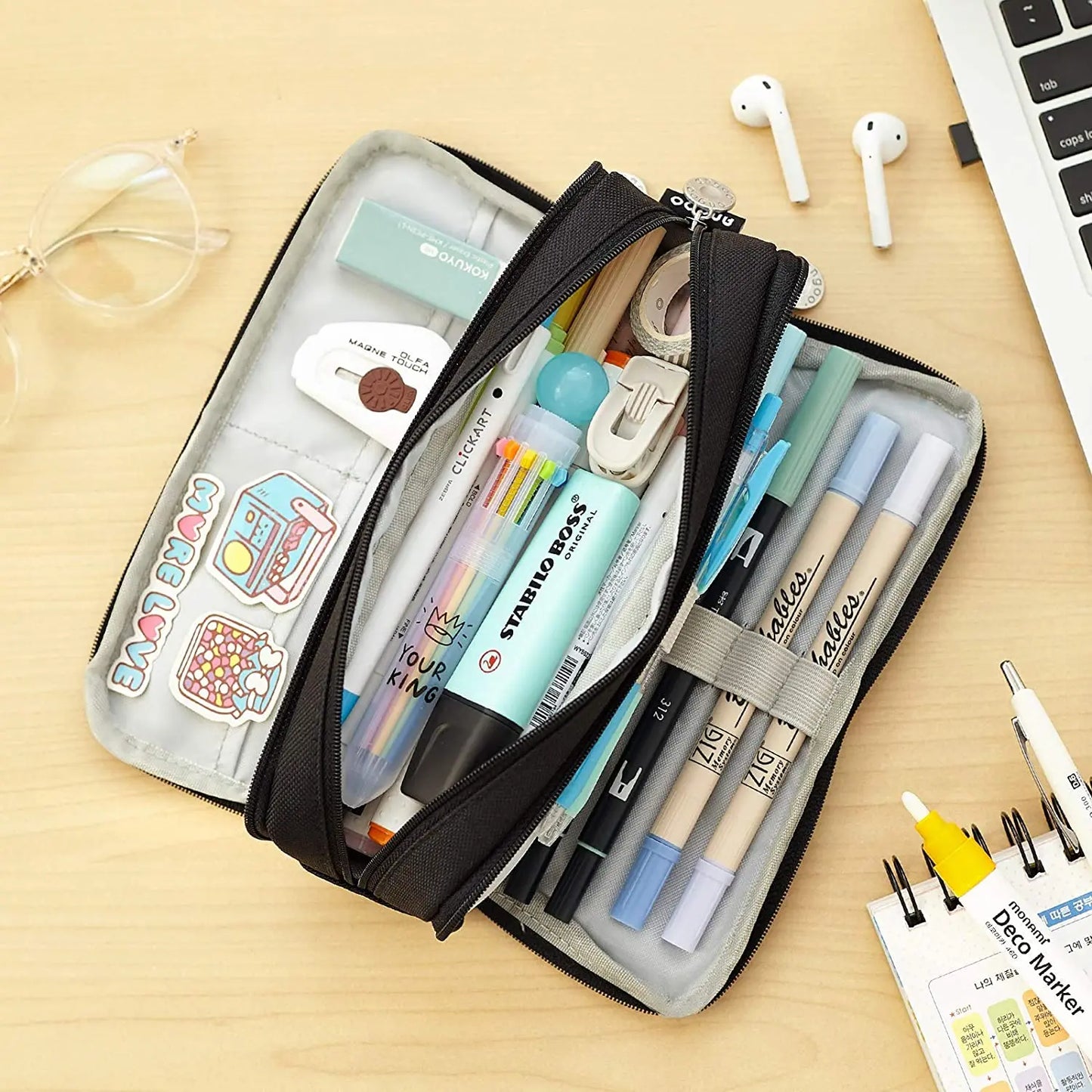 Estuche de tela con compartimentos, en 3 colores