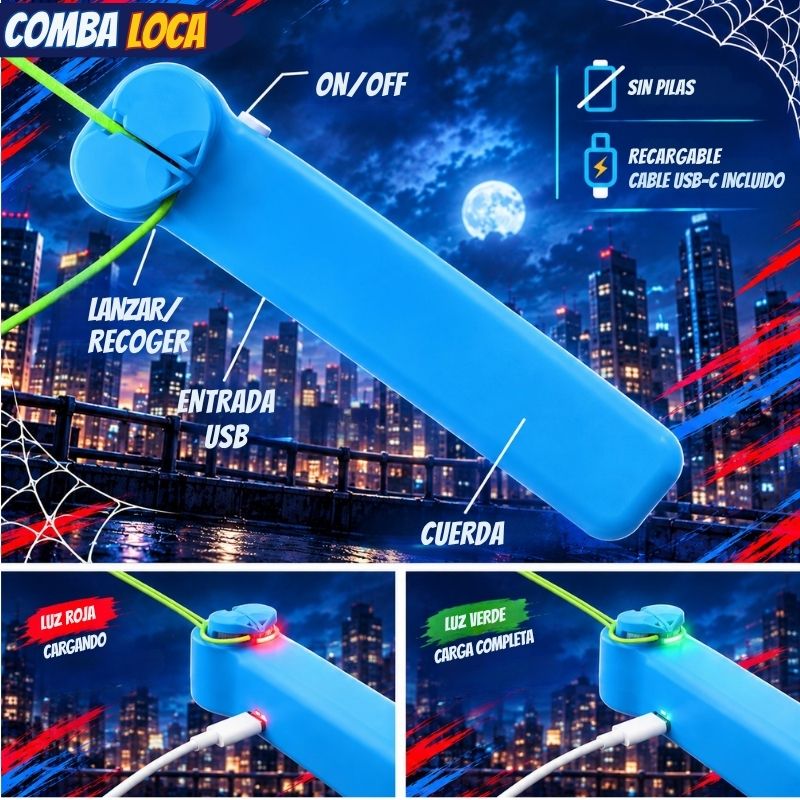 Comba Loca - Lanzador con 3m de cuerda luminosa para saltos y trucos