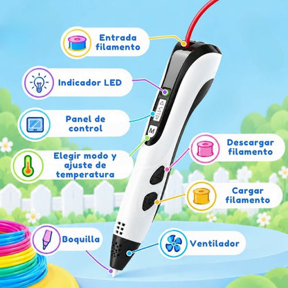 Boli de Dibujo 3D - Con 9m de FIlamentos en 3 colores y cuaderno para dibujar con plantillas