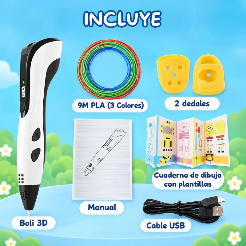 Boli de Dibujo 3D - Con 9m de FIlamentos en 3 colores y cuaderno para dibujar con plantillas