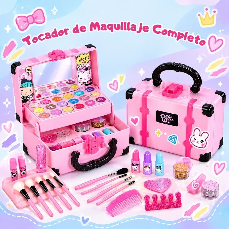 Tocador de Maquillaje Todo en 1 - Con espejo, cajones y cosméticos reales seguros para niños