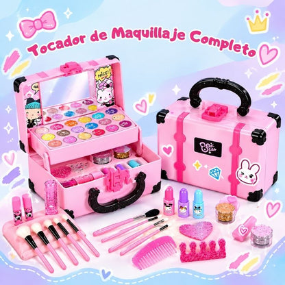 Tocador de Maquillaje Todo en 1 - Con espejo, cajones y cosméticos reales seguros para niños