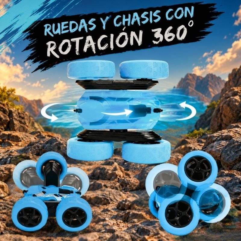 Coche Acrobático Radiocontrol - Con mando, carga USB y ruedas todoterreno 360º preparadas para choques