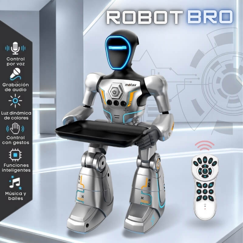 RobotBro - Robot de juguete con control por voz y gestos, bandeja de reparto, mando y voz
