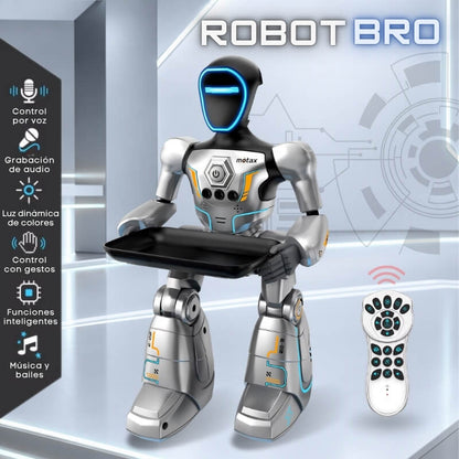 RobotBro - Robot de juguete con control por voz y gestos, bandeja de reparto, mando y voz