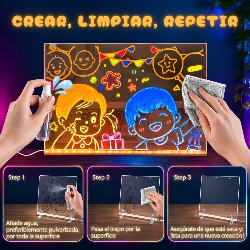 Pizarra LED de 15" - Con 7 rotuladores y luz cálida para mesita de noche, 30x20cm (15 pulgadas)