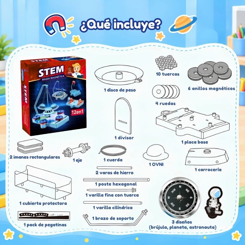 Magia Magnética - Kit de física 12 en 1 con experimentos y juegos didácticos con imanes