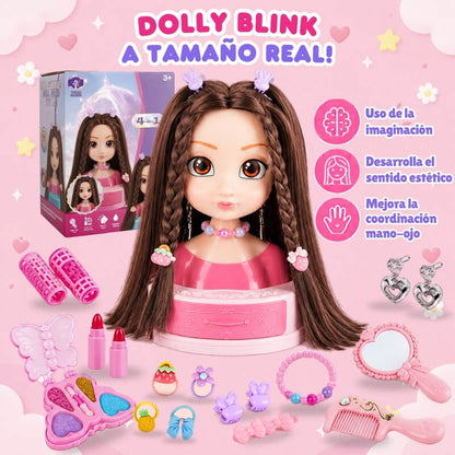 Dolly Blink - Muñeca a tamaño real para maquillar y peinar con tocador, pelo realista y 21 accesorios