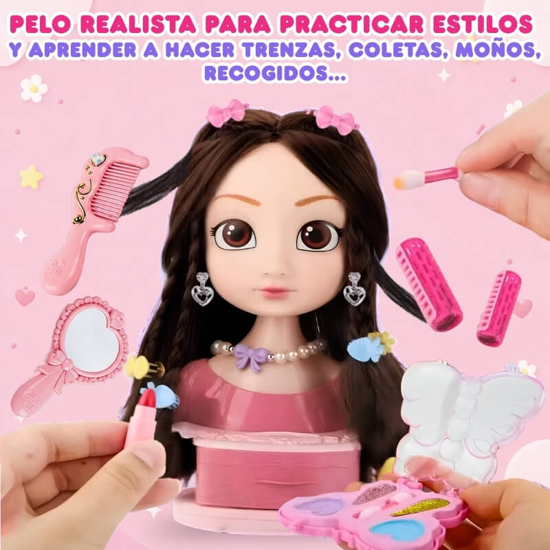 Dolly Blink - Muñeca a tamaño real para maquillar y peinar con tocador, pelo realista y 21 accesorios