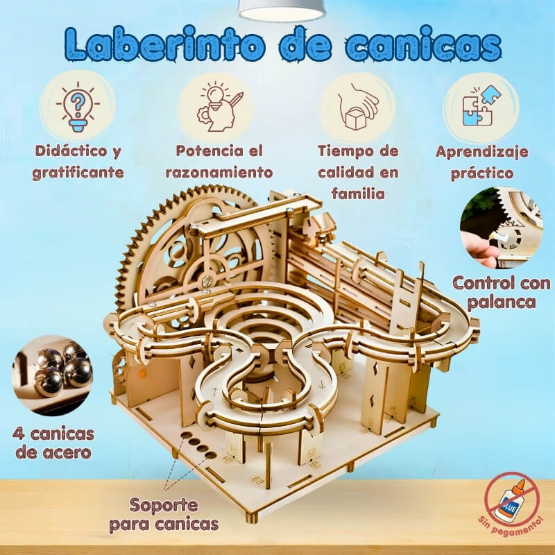 Laberinto de Canicas Montessori - Juego de madera para montar en casa con 4 canicas