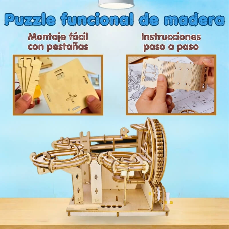 Laberinto de Canicas Montessori - Juego de madera para montar en casa con 4 canicas
