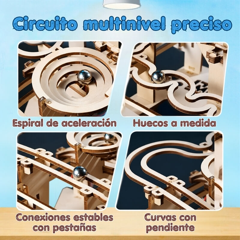 Laberinto de Canicas Montessori - Juego de madera para montar en casa con 4 canicas