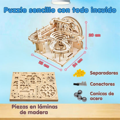 Laberinto de Canicas Montessori - Juego de madera para montar en casa con 4 canicas