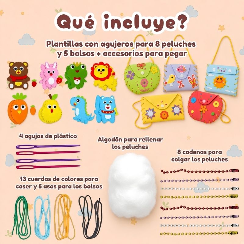 Costura Segura - Kit para coser con 5 bolsos, 8 peluches y accesorios