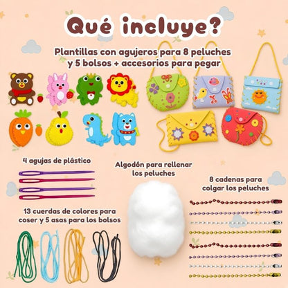 Costura Segura - Kit para coser con 5 bolsos, 8 peluches y accesorios