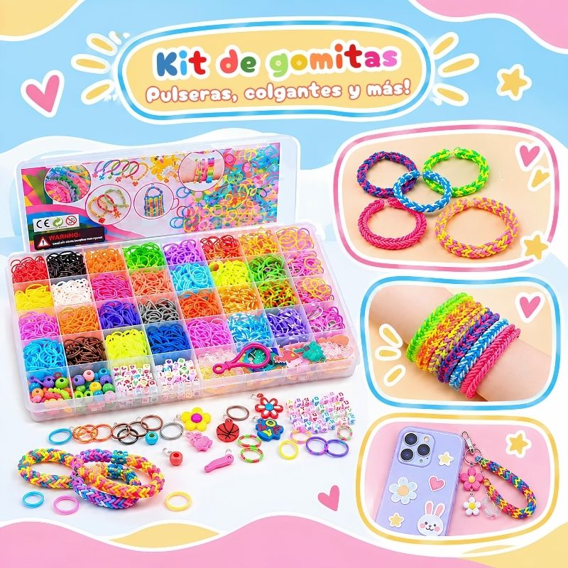 Kit de Gomitas todo incluido - Set de manualidades con 3.000 gomas y accesorios para hacer pulseras, llaveros y más