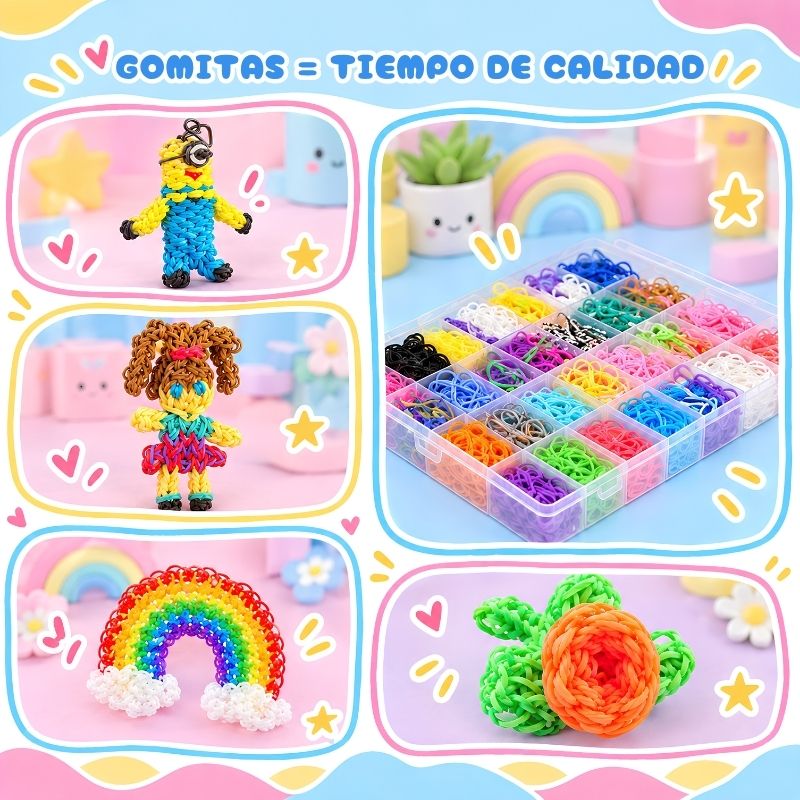 Kit de Gomitas todo incluido - Set de manualidades con 3.000 gomas y accesorios para hacer pulseras, llaveros y más