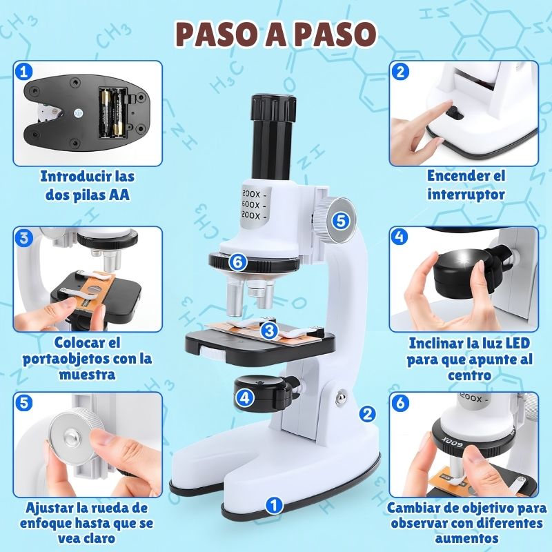Microscopio de Iniciación - Con accesorios y aumento ajustable hasta x1200, despierta el interés científico