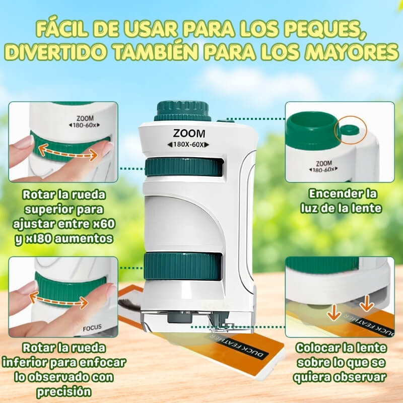 Microscopio Portátil con aumento ajustable hasta x180 - Despierta el interés científico