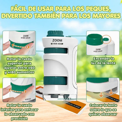 Microscopio Portátil con aumento ajustable hasta x180 - Despierta el interés científico