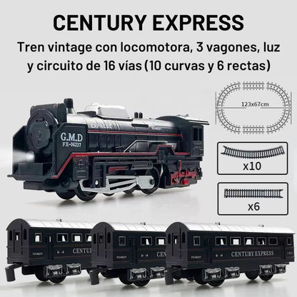 Century Express - Vintage train with 16-track circuit (123x67cm), with locomotive and 3 carriages, rechargeable batteries and charger included