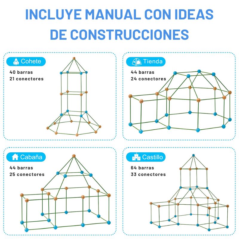 Castilloland - Kit de construção de casa e estrutura com 102 barras e 72 conectores