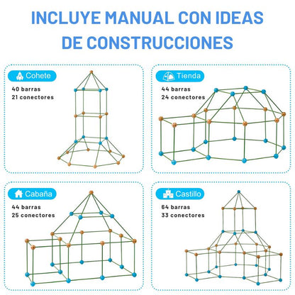 Castilloland - Kit de construção de casa e estrutura com 102 barras e 72 conectores