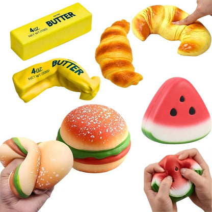 Squishy Pack! - 4 Squishies sensoriales: Mantequilla, hamburguesa, croissant y sandía