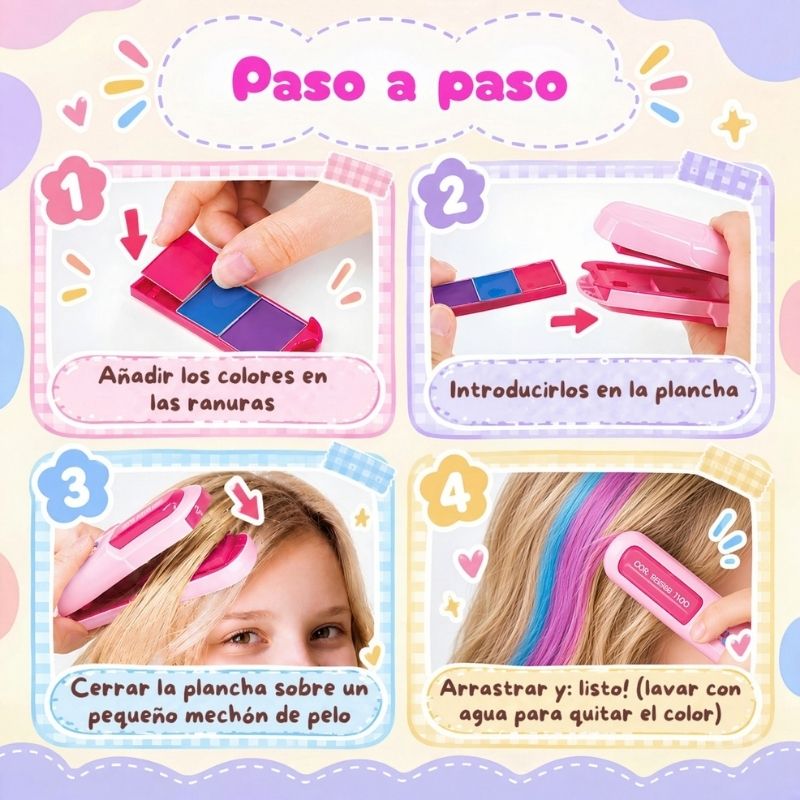 Plancha para mechas temporales con 6 colores, peine y horquillas (lavable con agua)