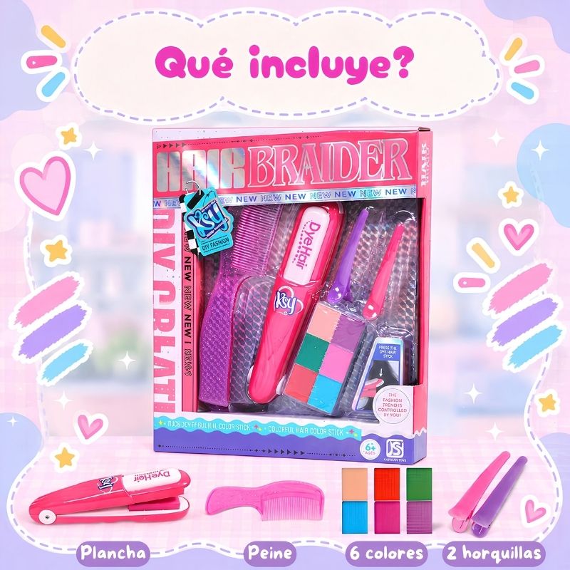 Plancha para mechas temporales con 6 colores, peine y horquillas (lavable con agua)
