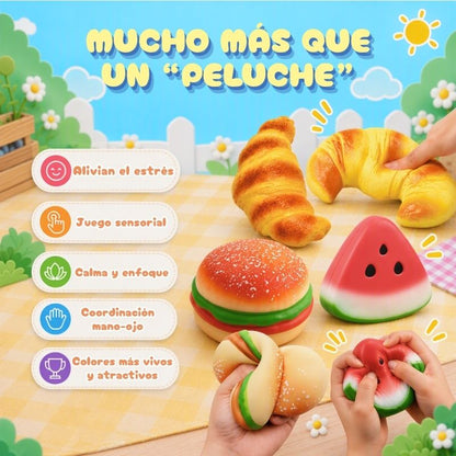 Squishy Pack! - 4 Squishies sensoriales: Mantequilla, hamburguesa, croissant y sandía