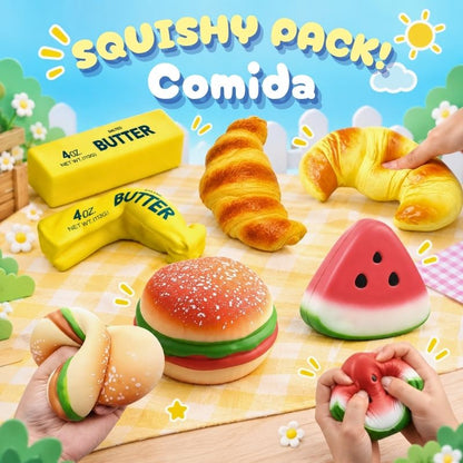 Squishy Pack! - 4 Squishies sensoriales: Mantequilla, hamburguesa, croissant y sandía