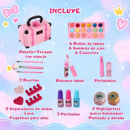 Tocador de Maquillaje Todo en 1 - Con espejo, cajones y cosméticos reales seguros para niños