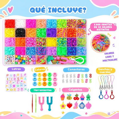Kit de Gomitas todo incluido - Set de manualidades con 3.000 gomas y accesorios para hacer pulseras, llaveros y más
