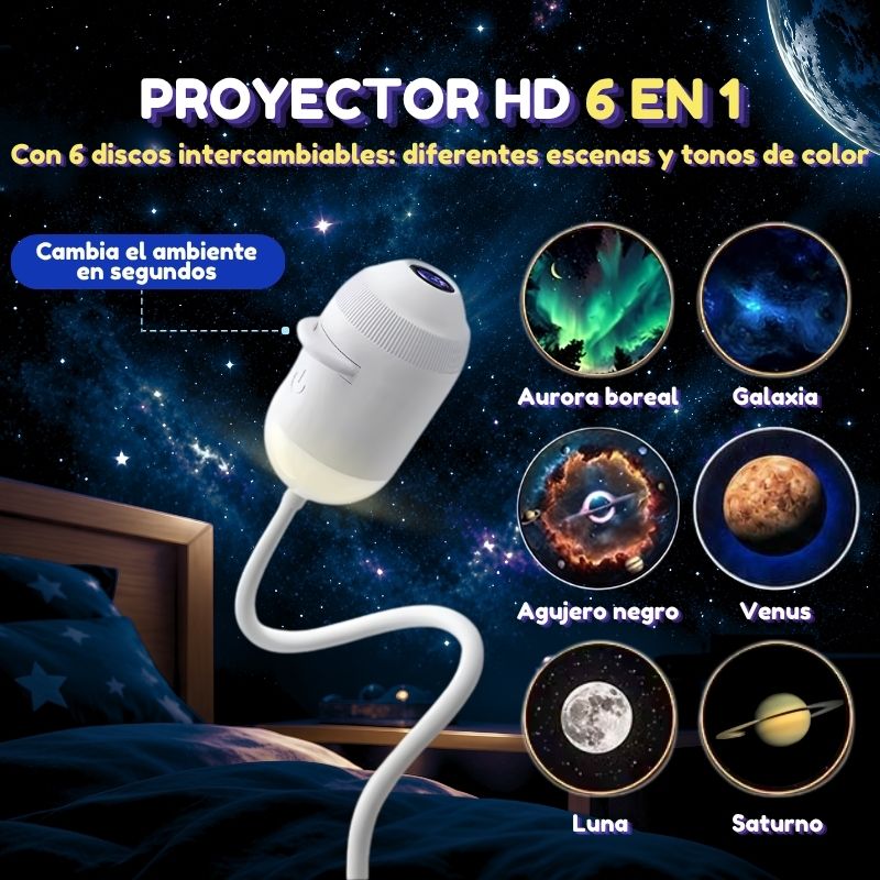 Proyector Espacial - Luz de noche USB con proyección HD a toda la habitación y 6 discos
