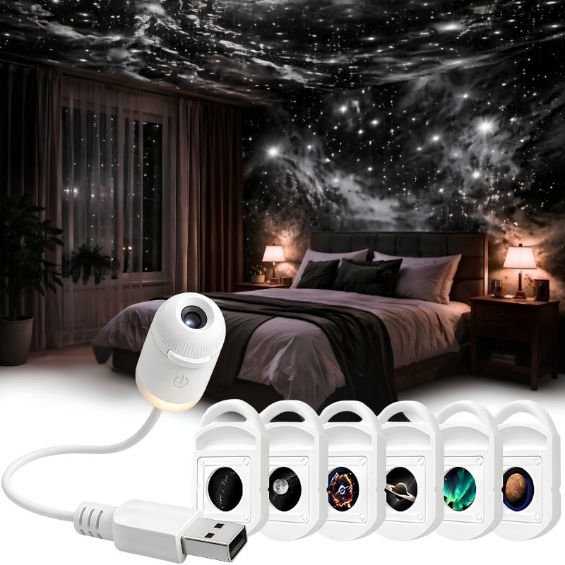 Proyector Espacial - Luz de noche USB con proyección HD a toda la habitación y 6 discos