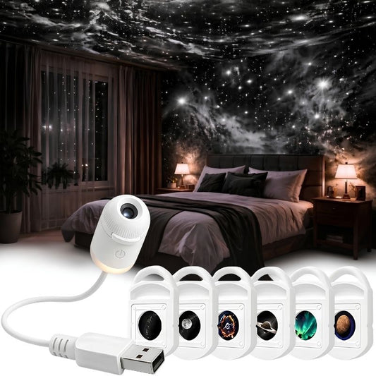 Proyector Espacial - Luz de noche USB con proyección HD a toda la habitación y 6 discos