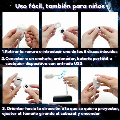 Proyector Espacial - Luz de noche USB con proyección HD a toda la habitación y 6 discos