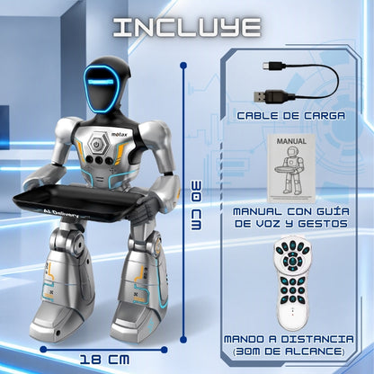 RobotBro - Robot de juguete con control por voz y gestos, bandeja de reparto, mando y voz